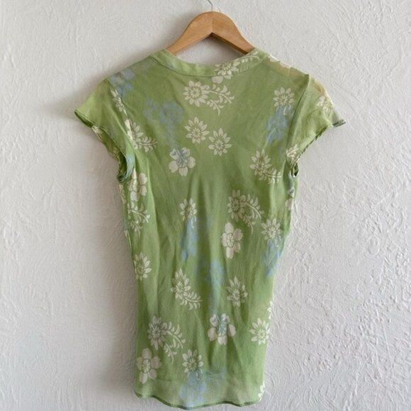 Y2K  Green Floral Silk V-Neck Blouse Top Size S - Picture 4 of 4